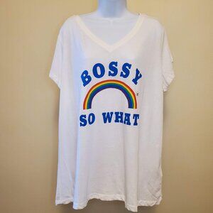 Joe Boxer White “Bossy So What” Rainbow Graphic V-Neck T-Shirt - 2X Juniors Plus